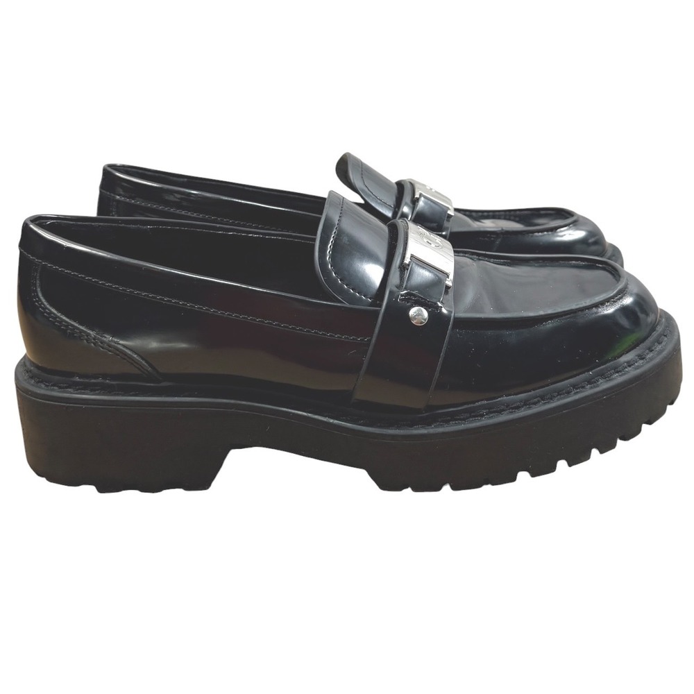Calvin Klein Faux Patent Loafers Women 7 Black Lug Sole Chunky Dark Academia 90s